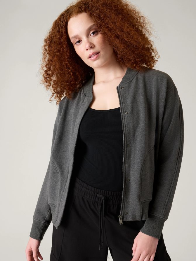 Athleta Women Charcoal Grey Heather Retroplush Bomber Jacket TZB4L0585